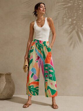 Christian Siriano Linen Wide Leg Pants Women M Tropical Print Costal Resort Pant
